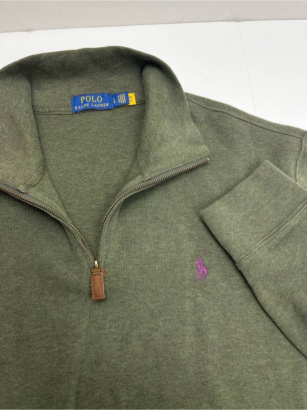 Polo Ralph Lauren Men's Green Quarter Zip Pullover Large Cotton Sweater Soft